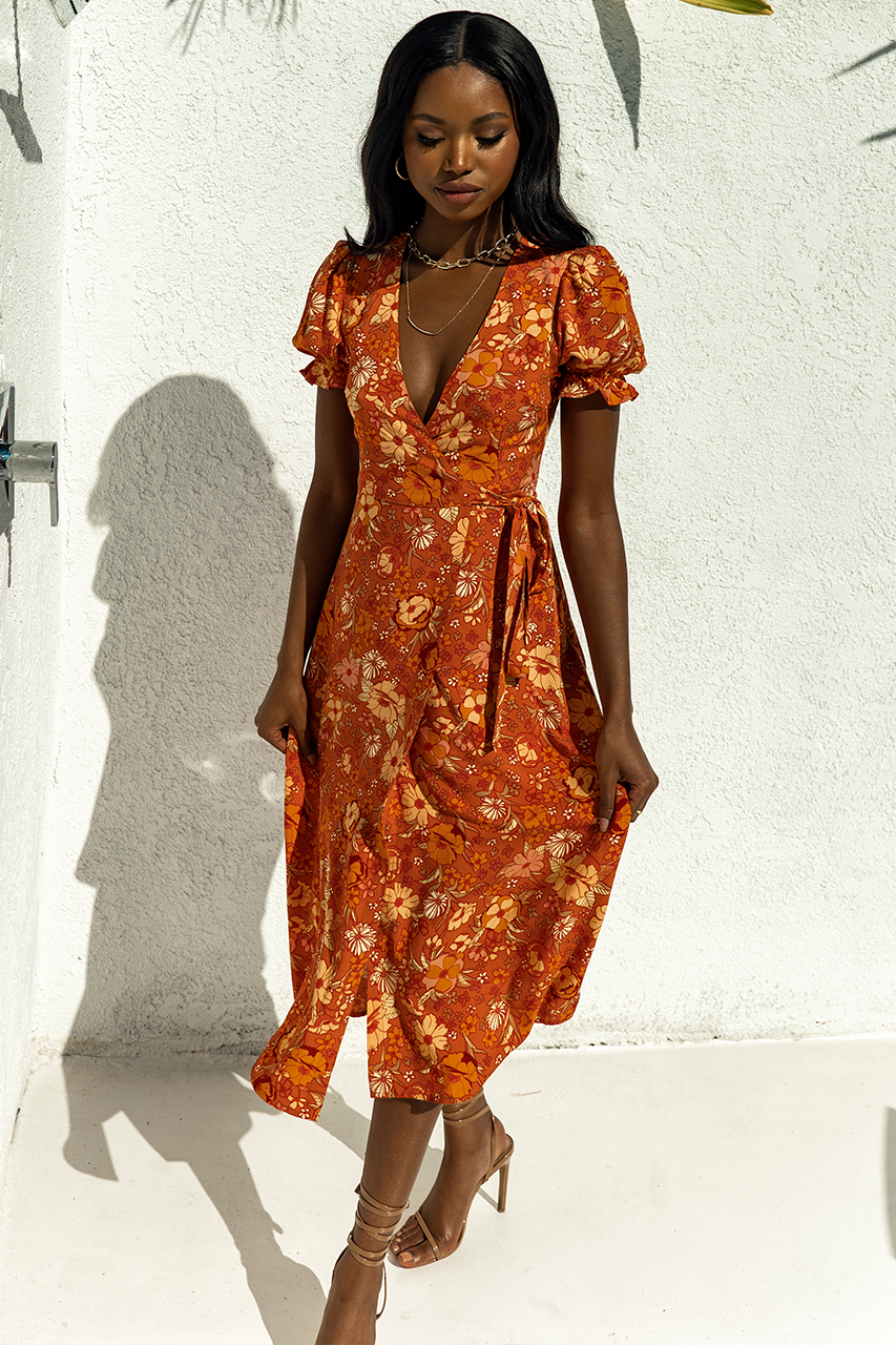 Holly Wrap Dress - Rust Floral